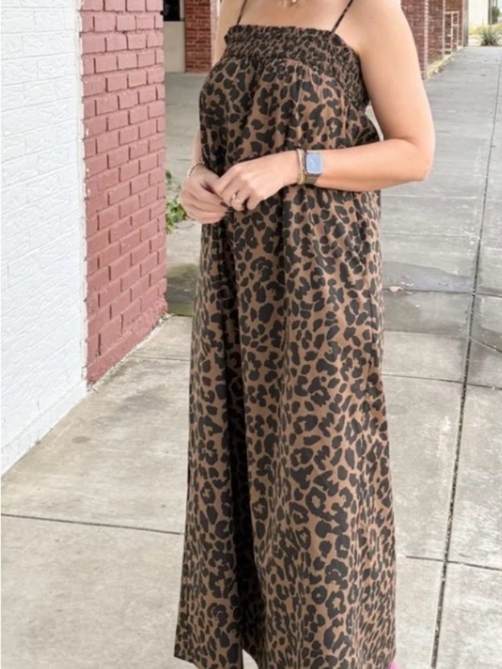 Things Between Leopard Print Smocked Strap Maxi Dress - Brown